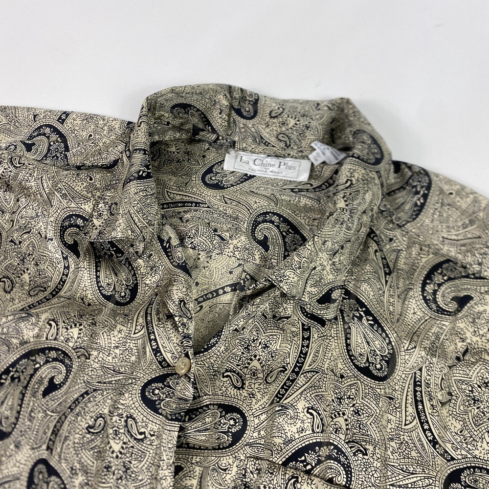 Vintage La Chine Plus Shirt Womens 2X Tan Black Paisley Button Front Top 90s